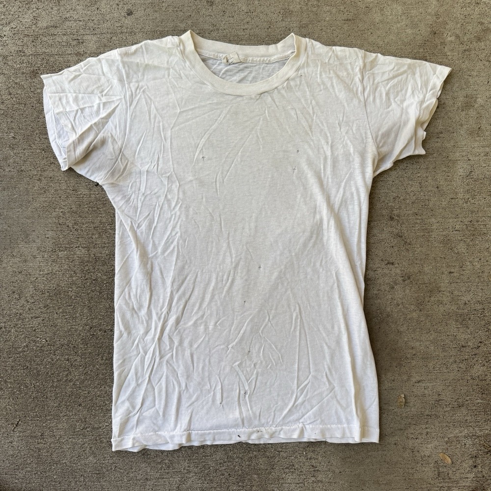Vintage 60s 70s Kenwood Blank White Tee Shirt Medium Cotton USA Distressed
